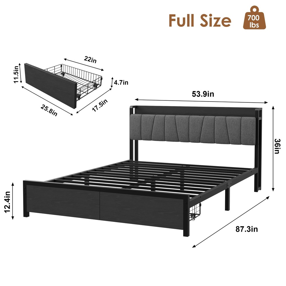 Full/King Bed Frame with Storage Headboard with 2 Large Drawers and Charge