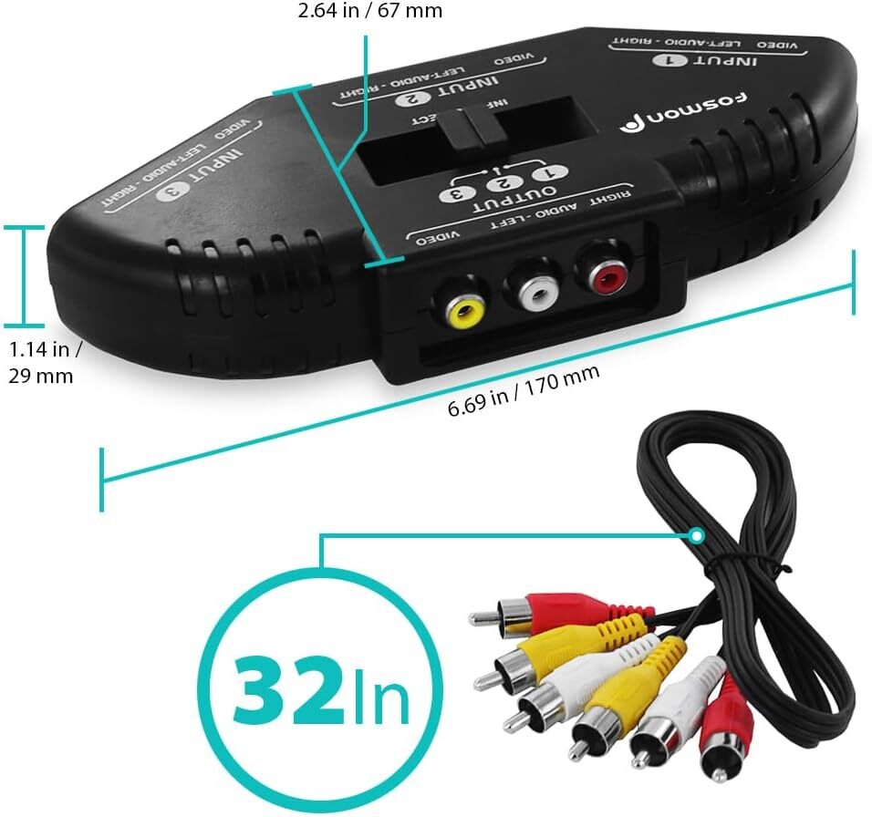 Fosmon 3 Port AV Composite RCA Selector Box Switch Splitter w/ Cable Cord Plug