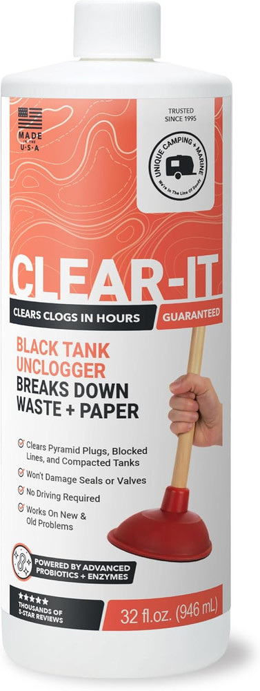 Clear-It RV Black Tank Unclogger Liquid - Breaks through Pyramid Plugs, Compacte