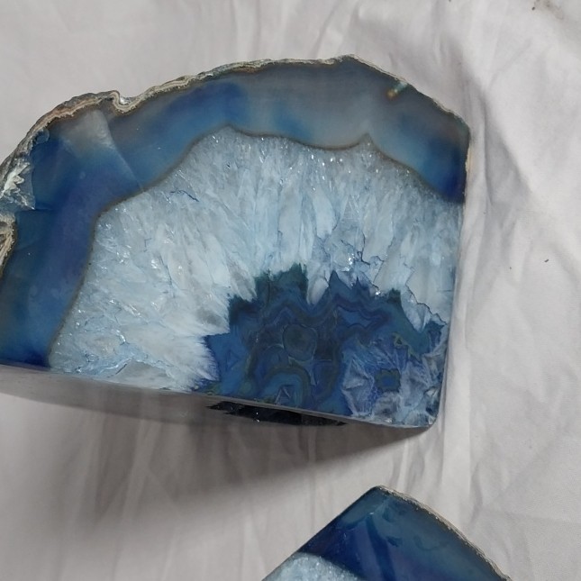 Large Blue White Gray Agate Geode Semi-Circle Natural Crystal Finish