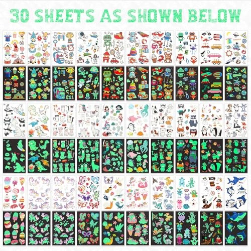 30 Sheets 400 Pieces Glitter Temporary Tattoos for Kids Luminous Pattern