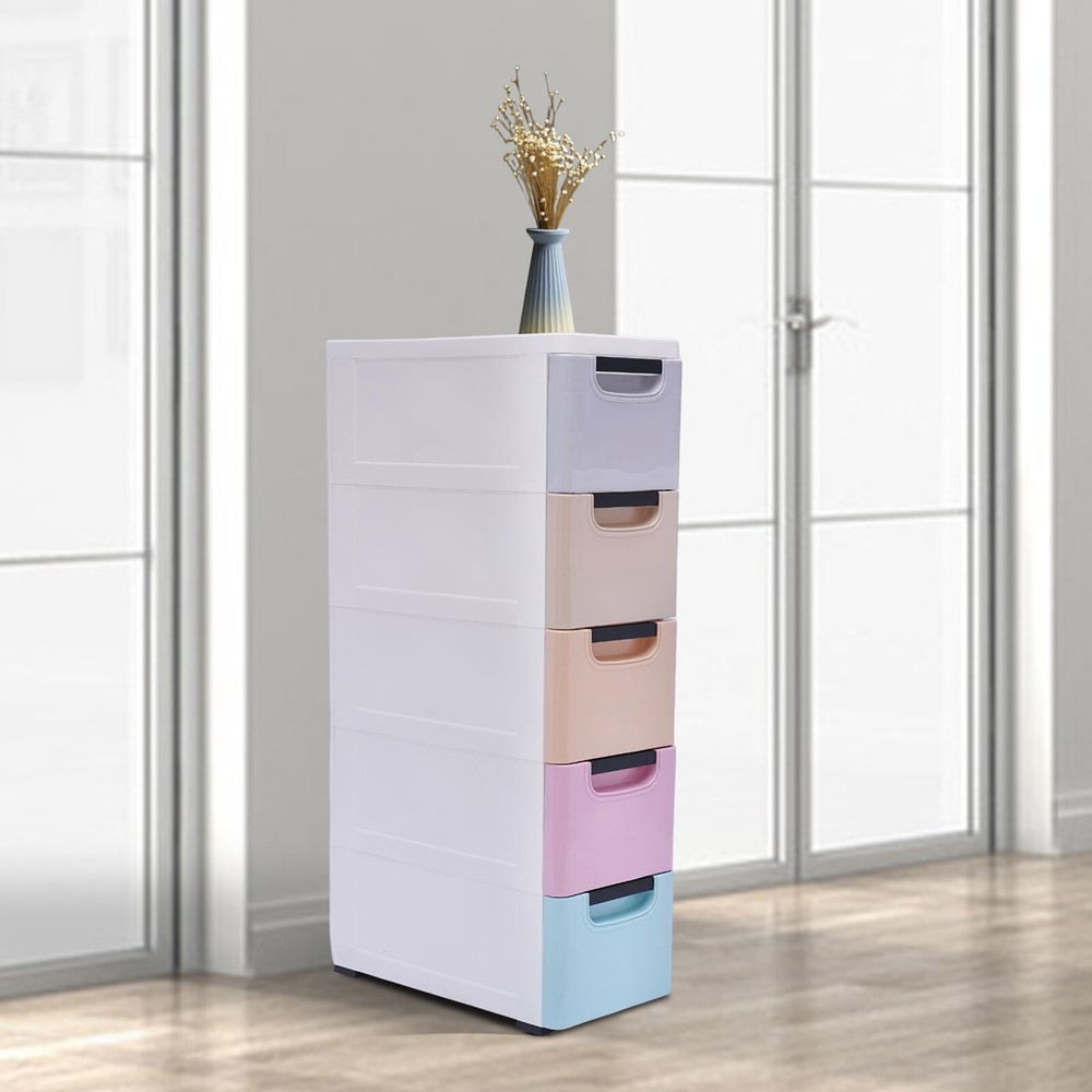 Plastic Stackable Storage Box Clothes Organizer Cabinet Tower 5 Drawer w/ Wheel