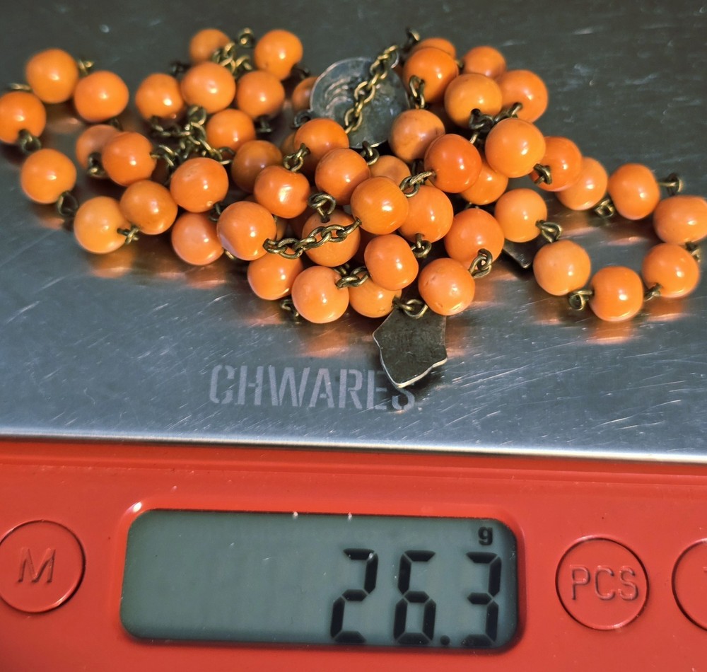 Antique French Rosary Real Angel Skin Coral Beads Silver Catholic Crucifix 22"