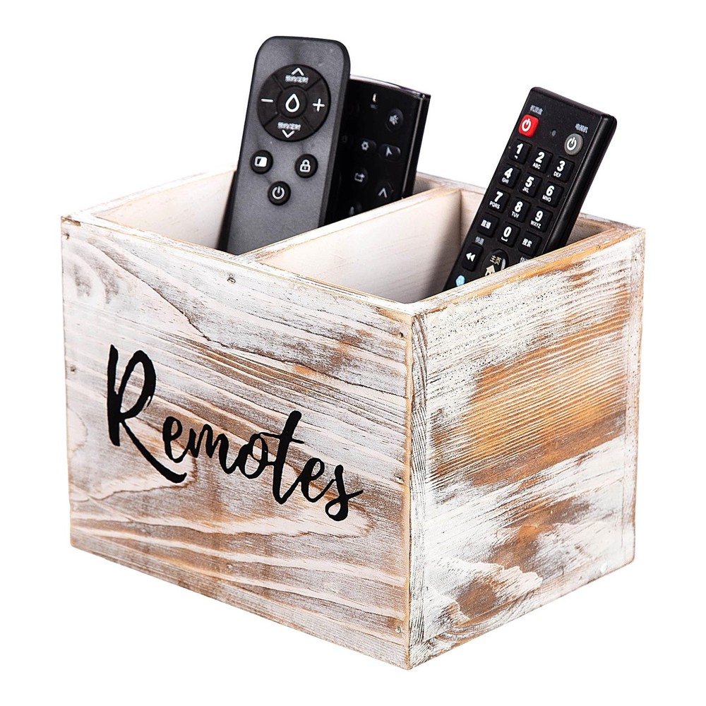 Rustic Two Slot Whitewashed Wood Remote Control Holder Tabletop Organizer Des...