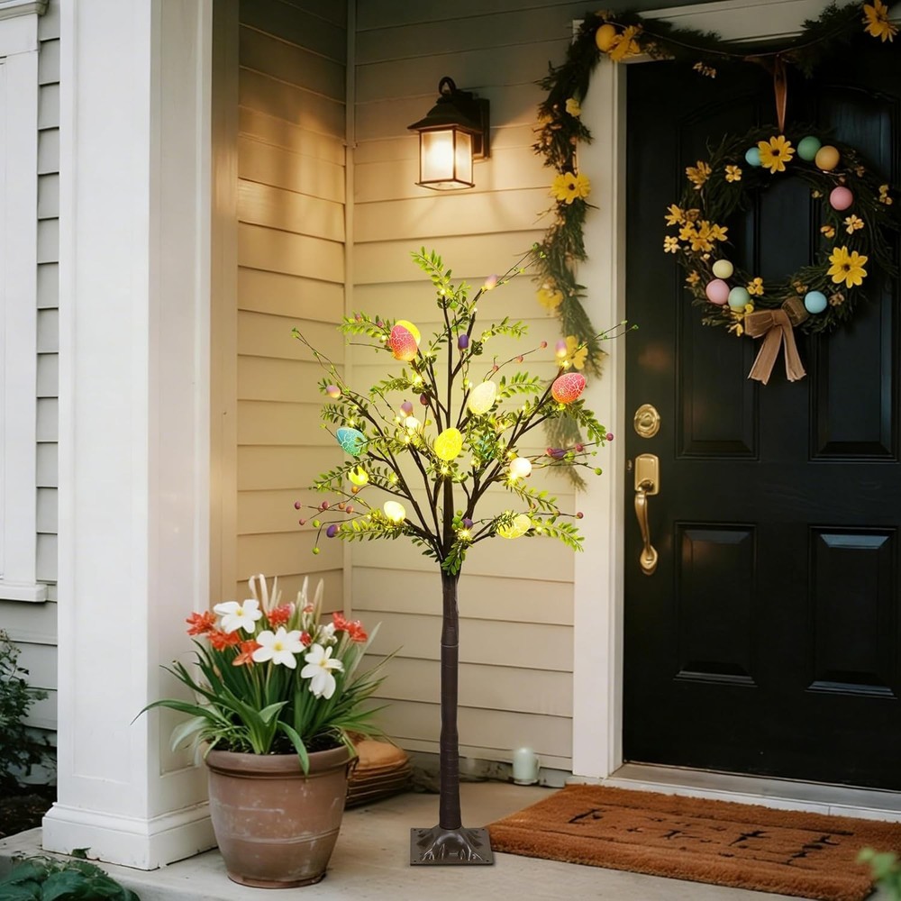 4FT Lighted Easter Tree with Timer, Pre-Lit Artificial Egg Trees with Co