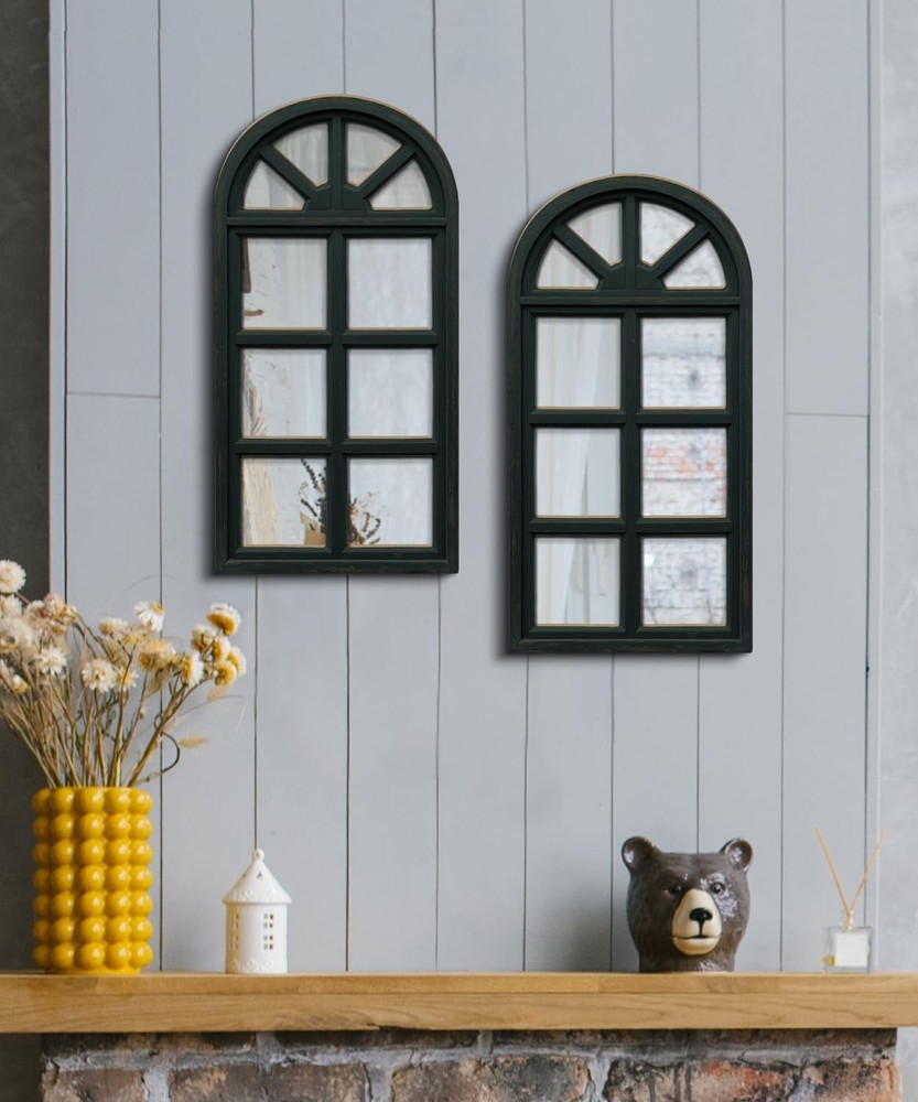 Set of 2 Arched Window Frame Wall Decor with Acrylic Mirror Rustic Decorative...