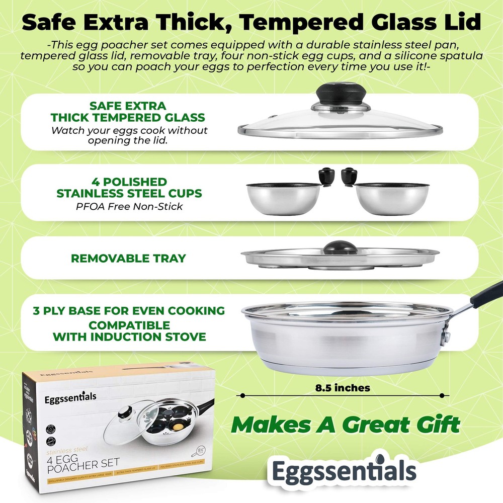 Egg Poacher - Eggssentials Poached Egg Maker, Stainless Steel Egg Poaching Pan,