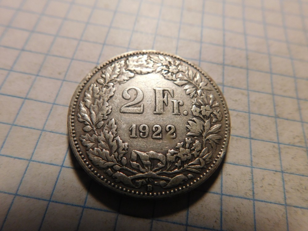 SWITZERLAND 2 FRANCS 1922 B SILVER # 1127