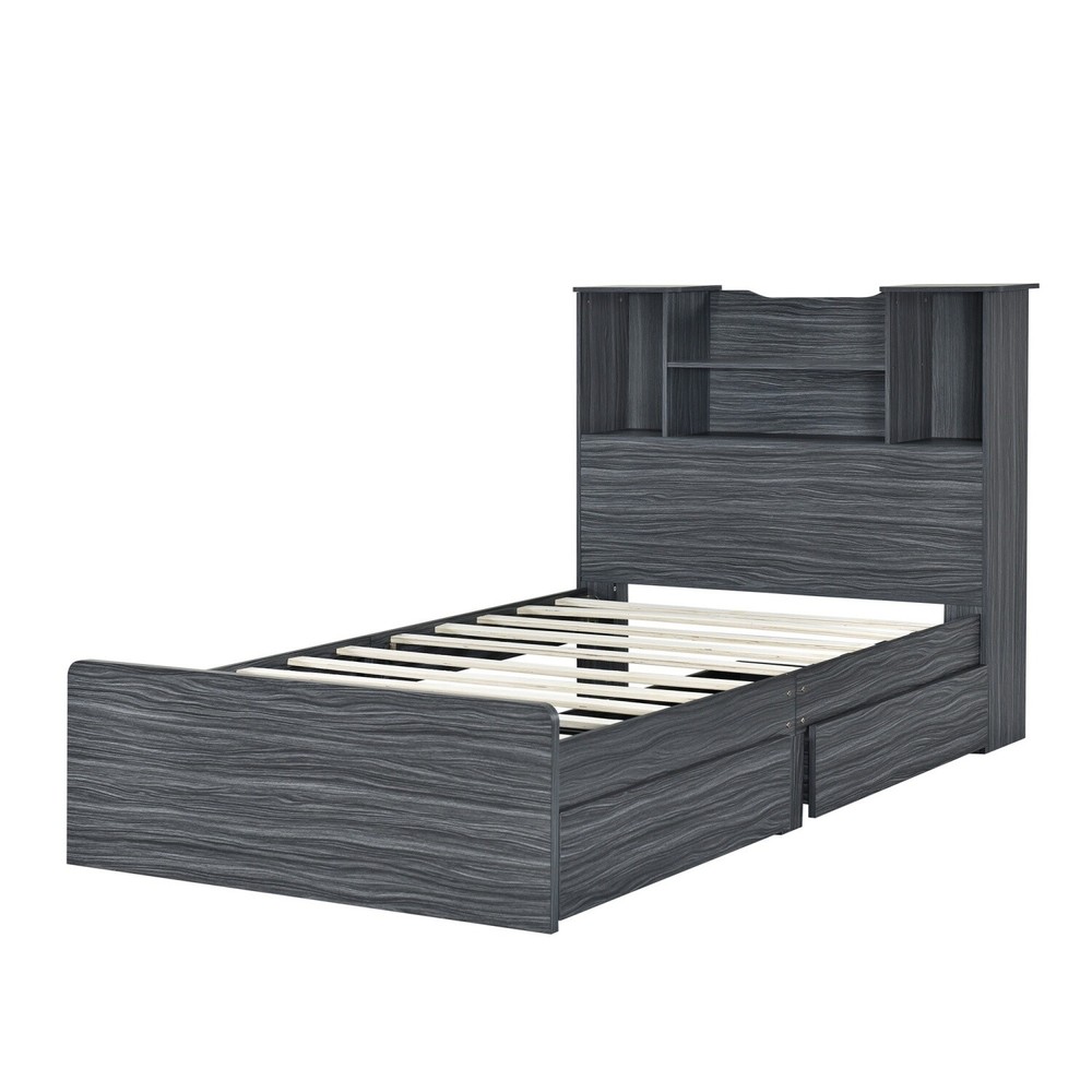 Twin Size Bed Frame Wood Platform Bed w/ Storage Shelves & Drawer & LED Light