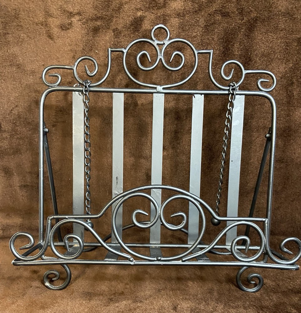 Black Wrought Iron Cookbook Holder Stand Scroll With Page Weights