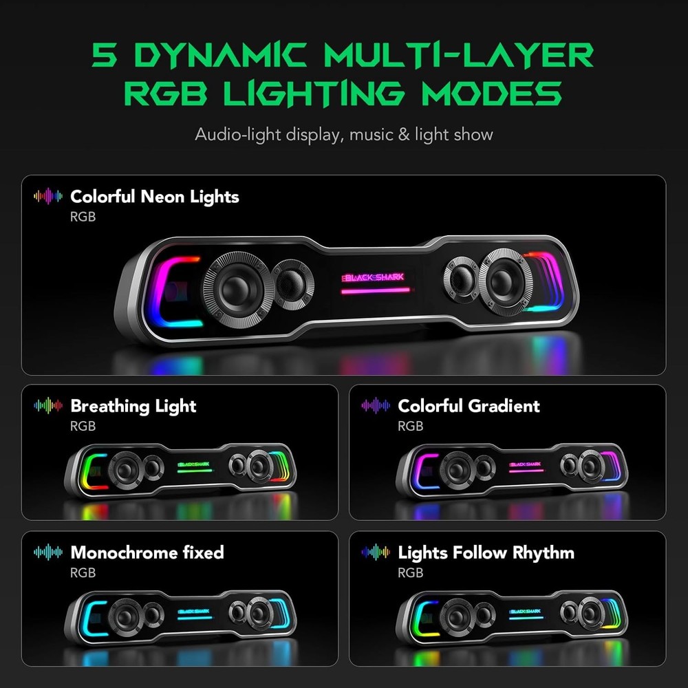 Compact PC Speaker Soundbar Bluetooth USB-C 10W Output 5 RGB Lighting Modes