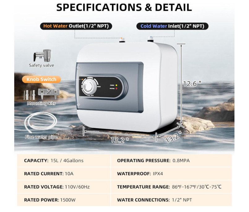 Calentador de Agua Mini 4 Gal 1500W Bajo Fregadero Cocina Baño RV. Nuevo