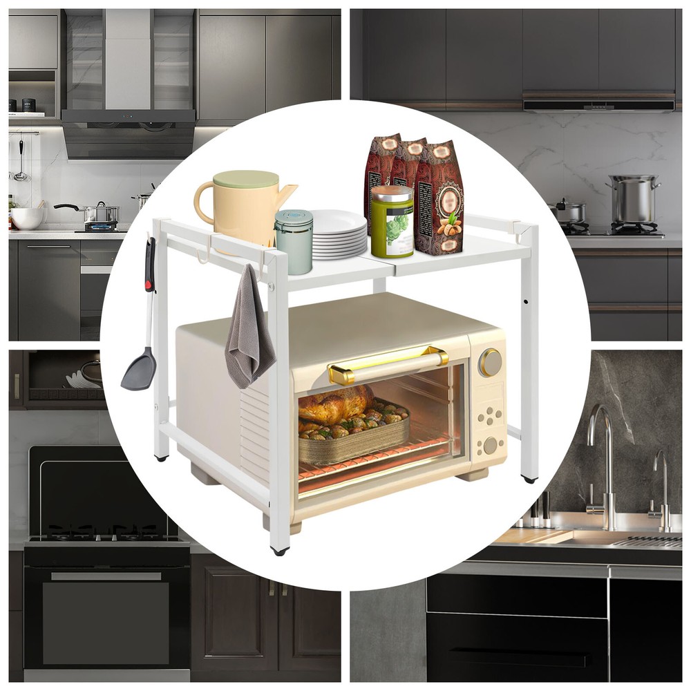 Extendable Microwave Oven Rack, 2-Tiers Adjustable Microwave Stand White Shelf