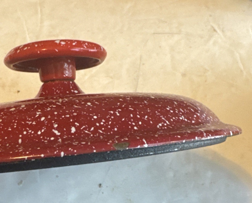 John Wright Cast Iron Red Speckle Enamel Lid 6 1/8”