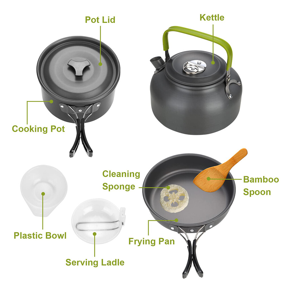 Night Cat Camping Cookware Mess Kit, Portable Camping Cooking Set