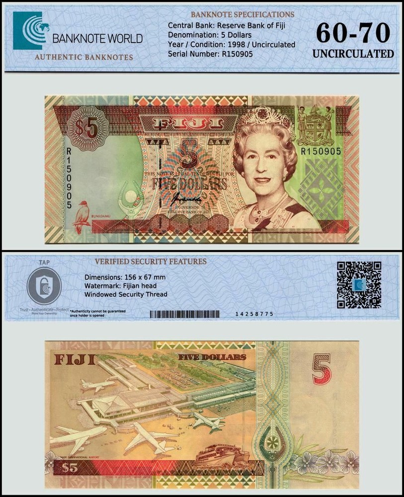 Fiji 5 Dollars, 1998 ND, P-101a, UNC, Authenticated Banknote