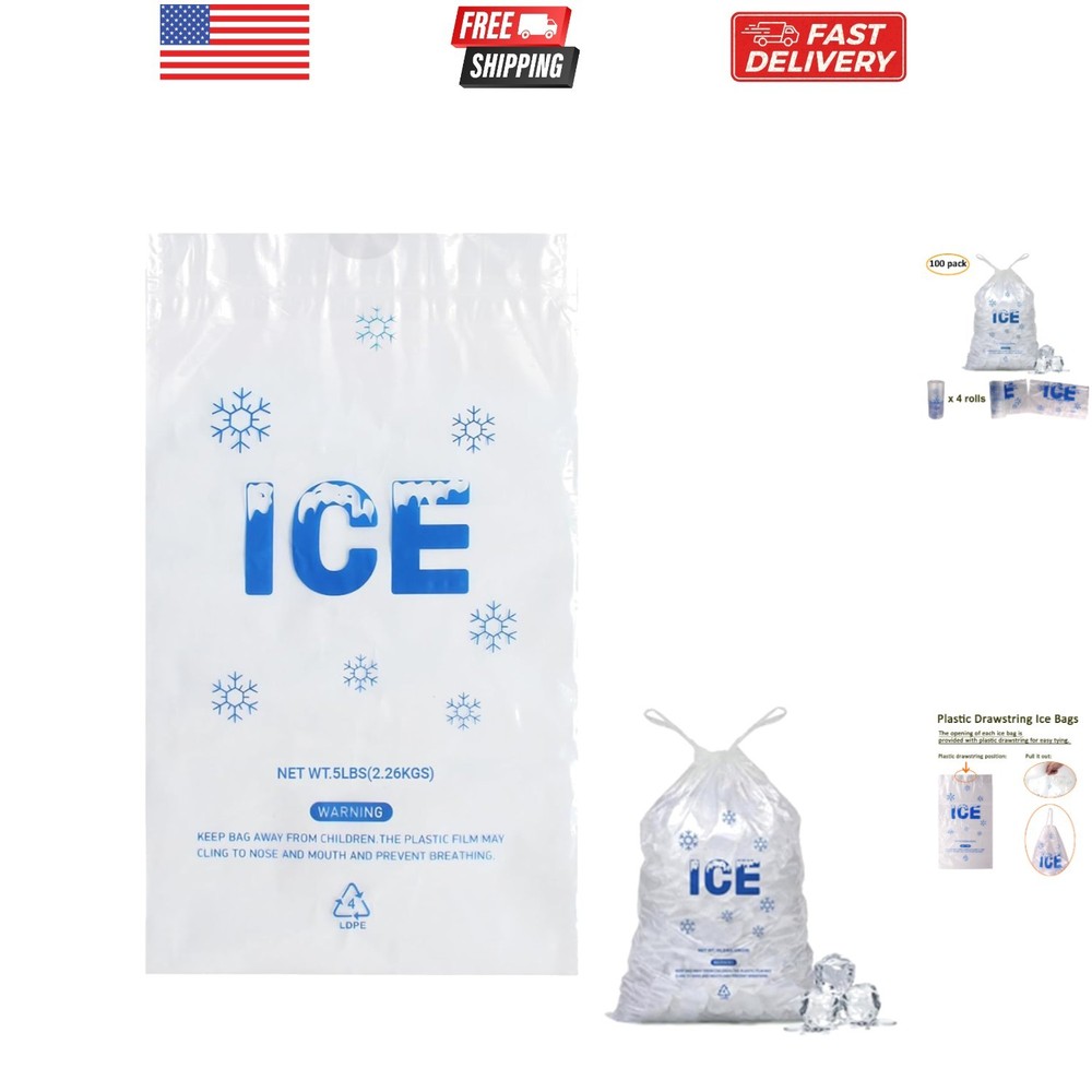 100 PACK 5 lb. Plastic Drawstring Ice Bags 9 x 17 Inch Heavy-Duty Plastic Ice...