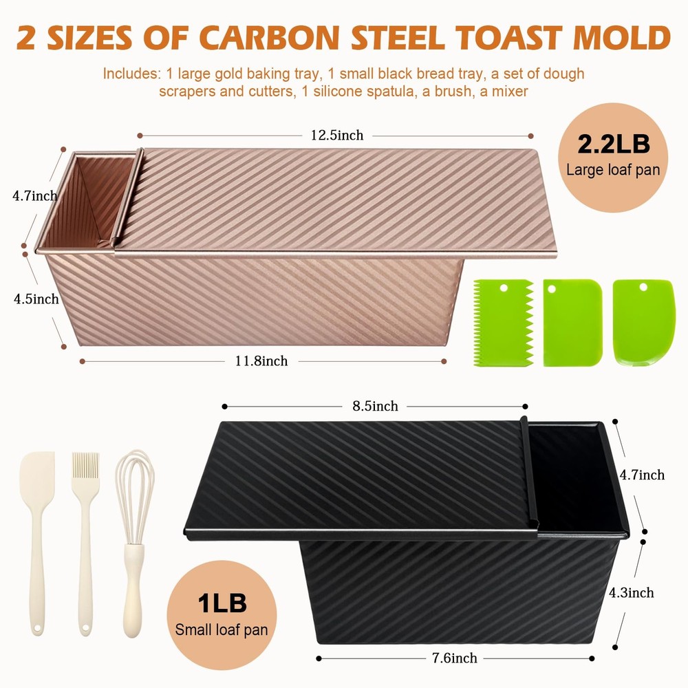2Pack Pullman Loaf Pans with Lids – 2.2 LB & 1 LB Dough Capacity, Non-Stick C...