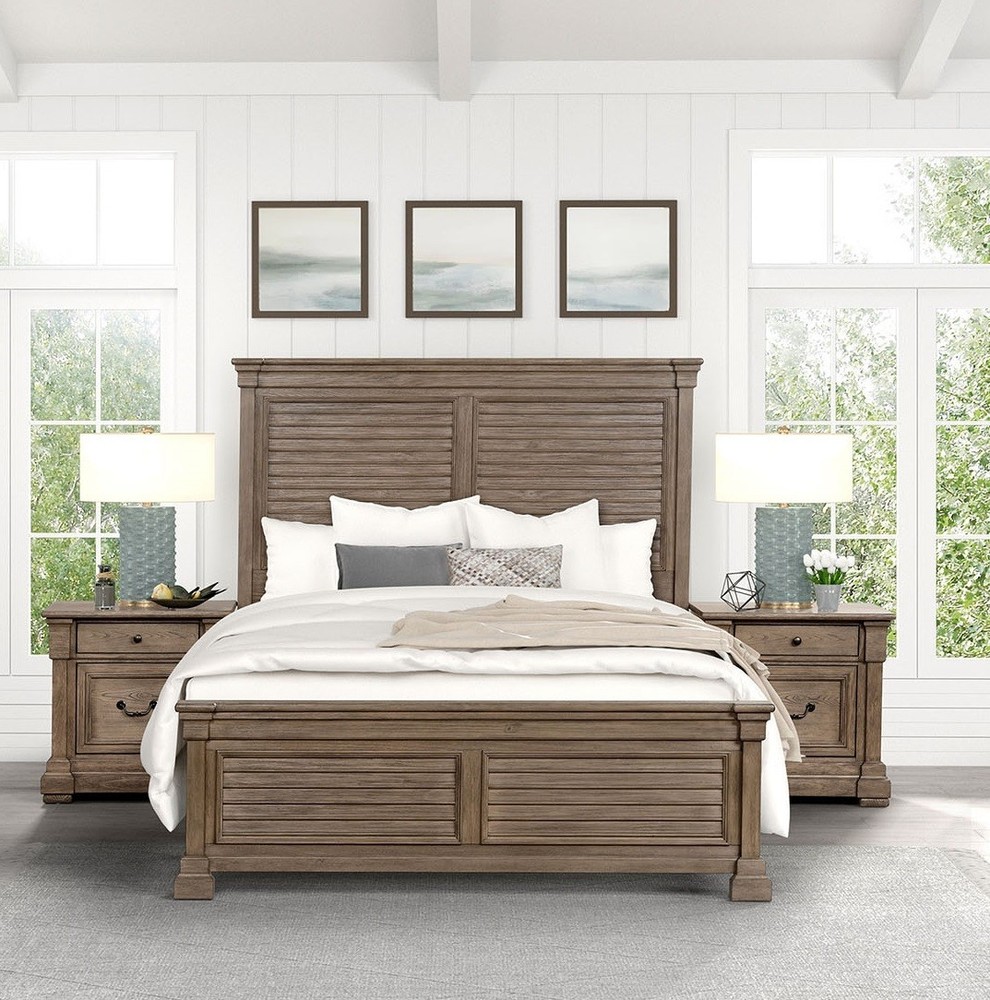 Transitional Style Eastern King Size 6pc Bed Set Weathered Brown Finish Bedroom
