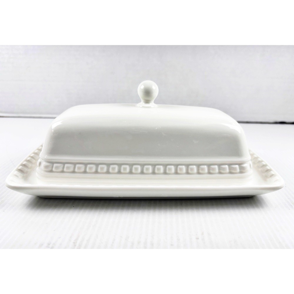 Maison Neuve Covered Butter Dish White Beaded w Lid Ceramic