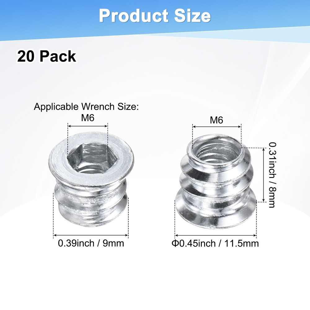 20-Pack Threaded Inserts for Wood, M6x8mm Threaded Insert Nuts [Silver Tone]
