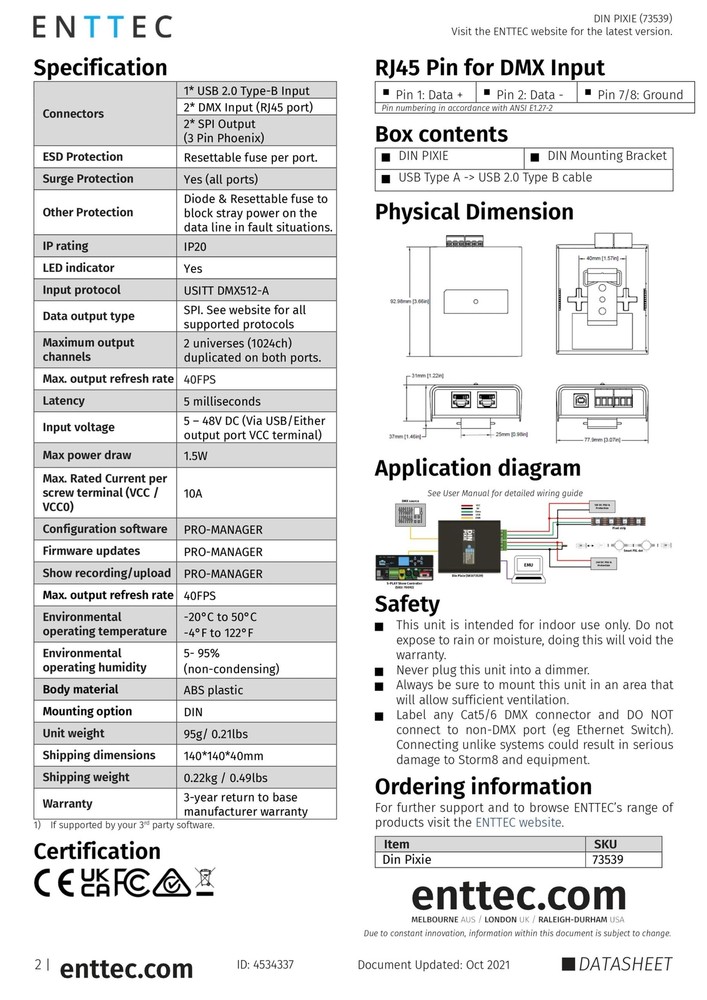 Enttec Din Pixie 73539, 2 Universe DMX LED Pixel Controller