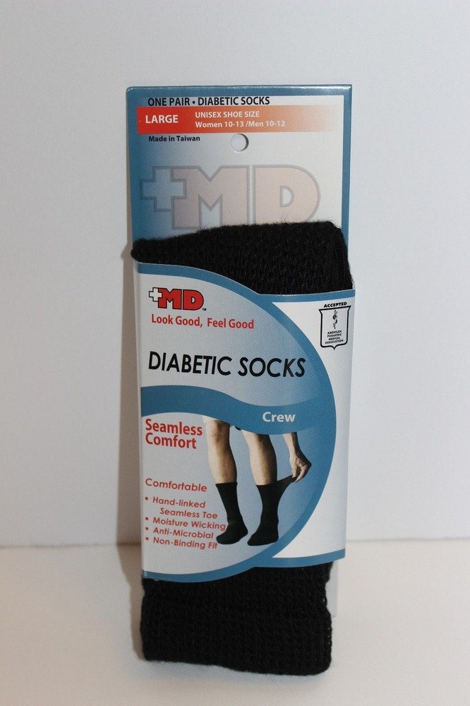 +MD PlusMD Diabetic Crew Socks Black White non binding seamless anti-microbial