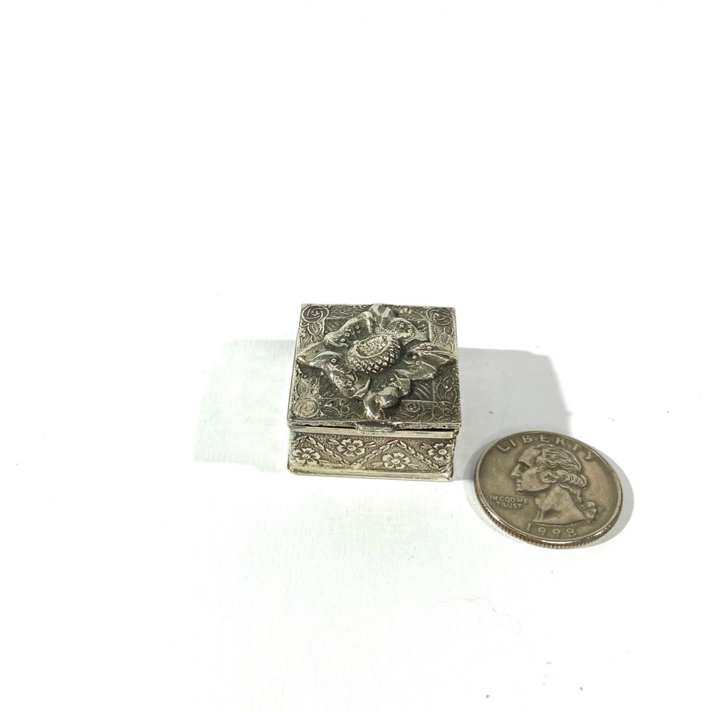 Antique Solid Silver Pillbox , Hallmarked Pill box with floral decors