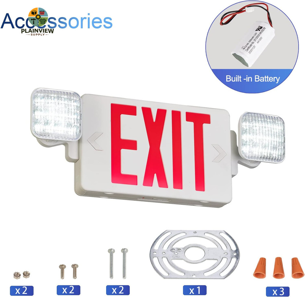 Red Exit Sign with Emergency Lights, 1.0 Meter Plug in Exit Sign with Battery Ba