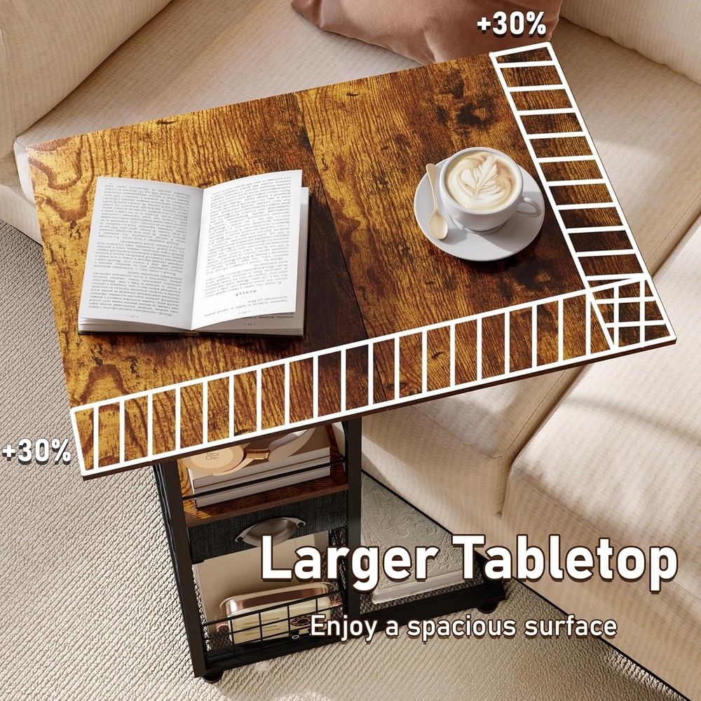 Rolling C-Shaped Side Table with Wheels and Oversized Wood Top, Mobile Overbed