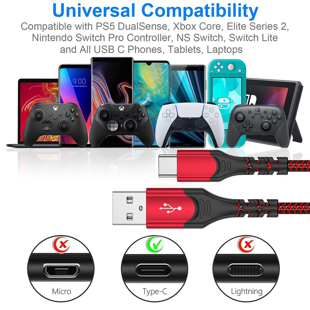 PS5 Controller Charger Charging Cable – 2 Pack 10FT Type C to USB A Data...