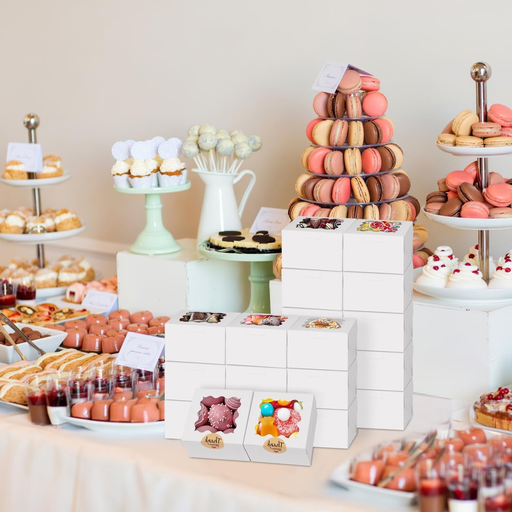 24pcs White Cookie Boxes, 4x4x2.5 Inches Bakery Boxes with Window, for Mini C...