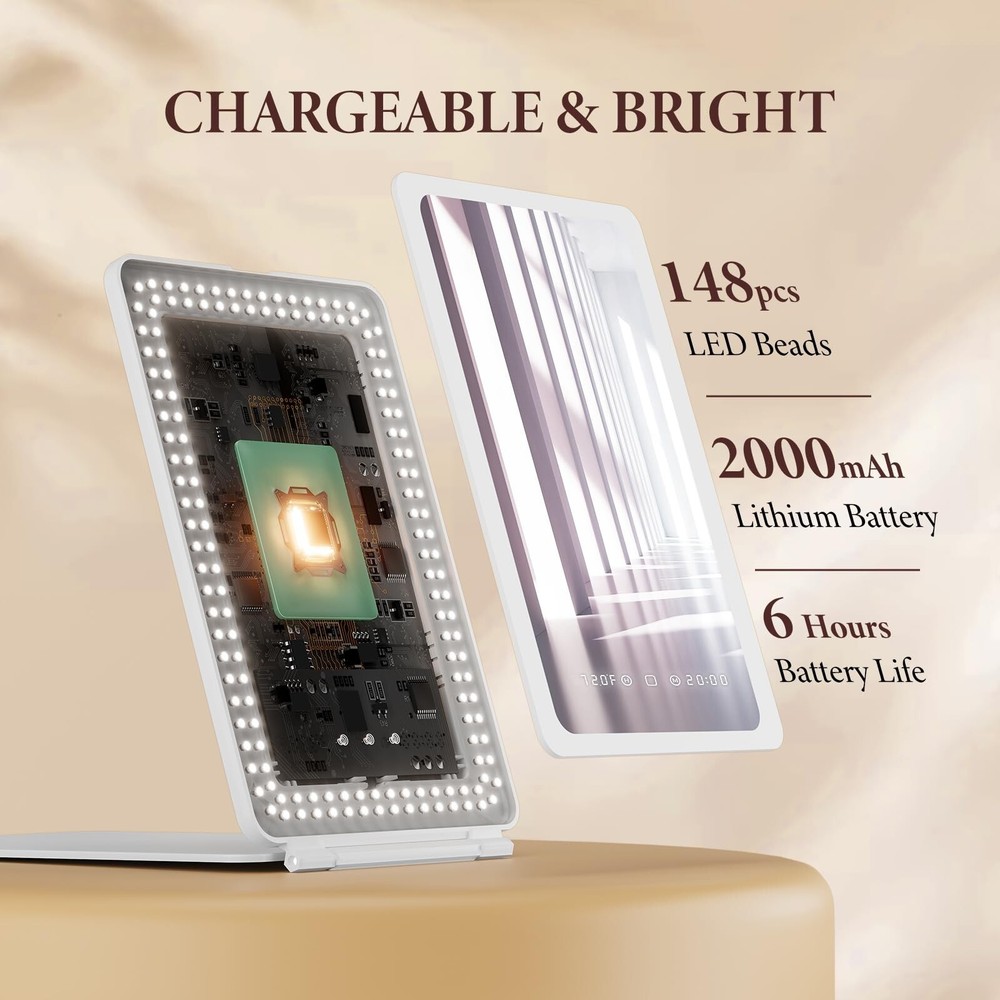 Travel Makeup Mirror with Time & Temperature Display, 2000mAh Rechargeable Ba...