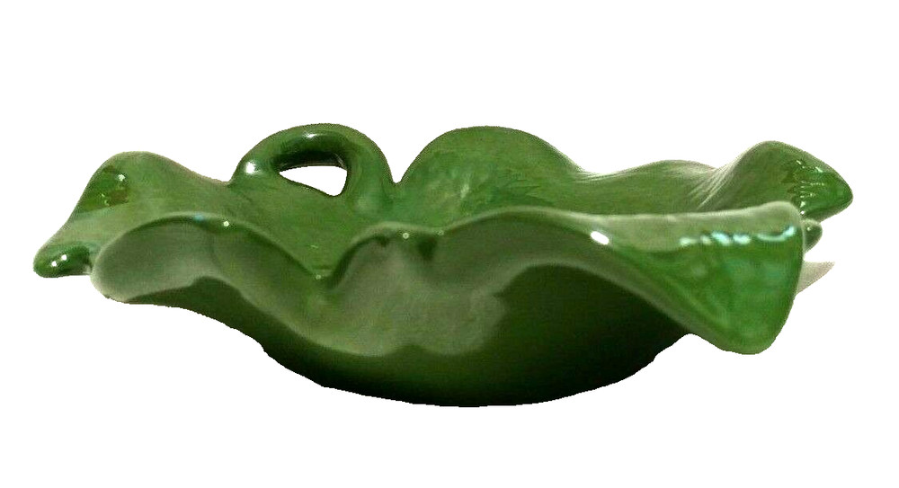 Vintage Candy Dish Green Leaf Glazed Ceramic - 8"