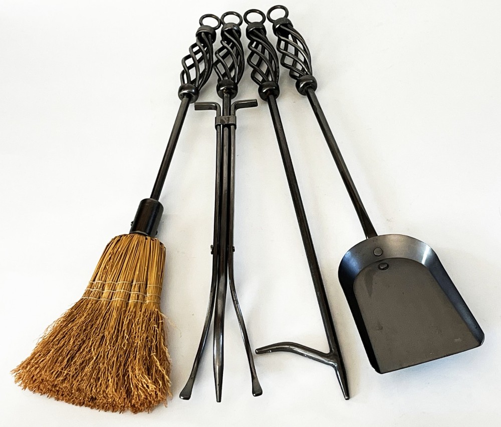 MEXICAN SPANISH COLONIAL STYLE 5 PIECE WROUGHT IRON FIREPLACE TOOL SET GRAPHITE