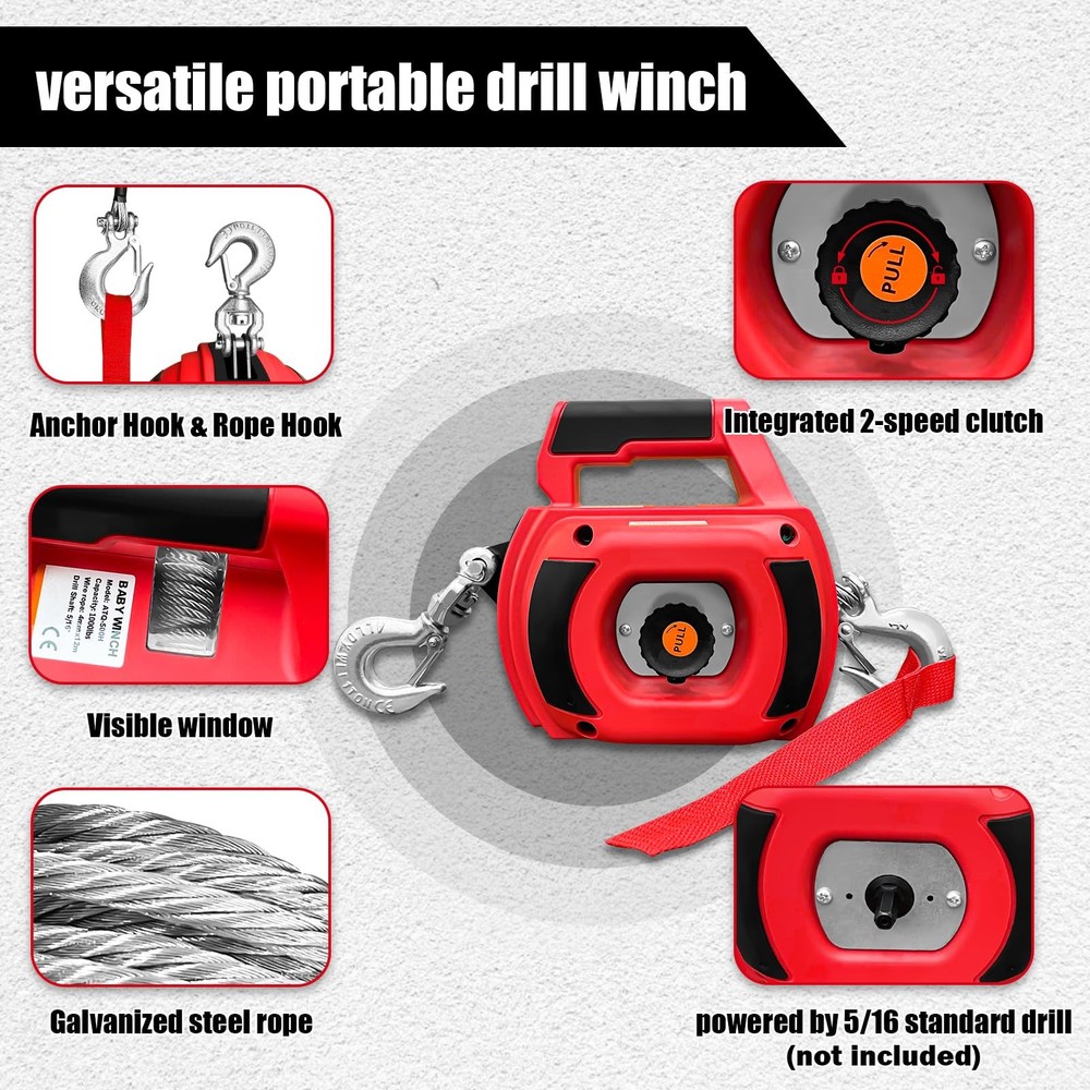 SENKEYFE Drill Powered Portable Winch 1000LBS, with 40FT Red