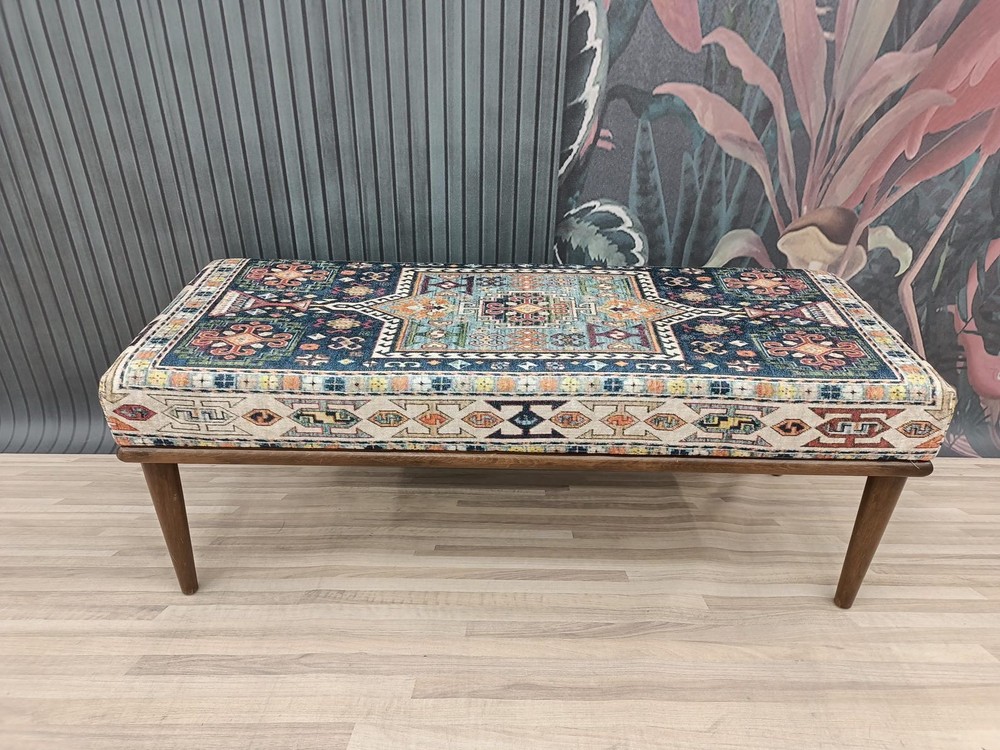 Kilim Pattern Printed Rug Upholstered Piano Bench, Entry Bench, Dining Bench