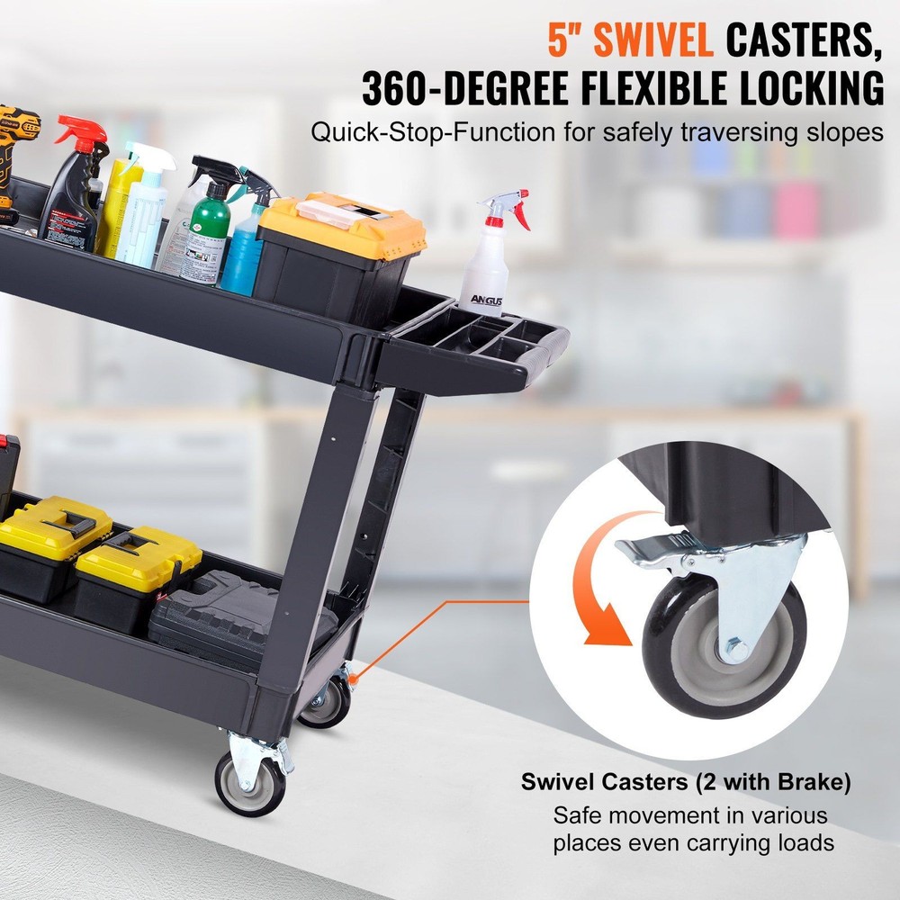 Durable 2-Tier Plastic Cart 550lb Capacity Ergonomic Handle & Storage