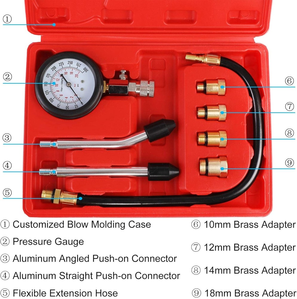 JIFETOR Compression Tester Kit, Small Engine Cylinder Test Pressure Red Case