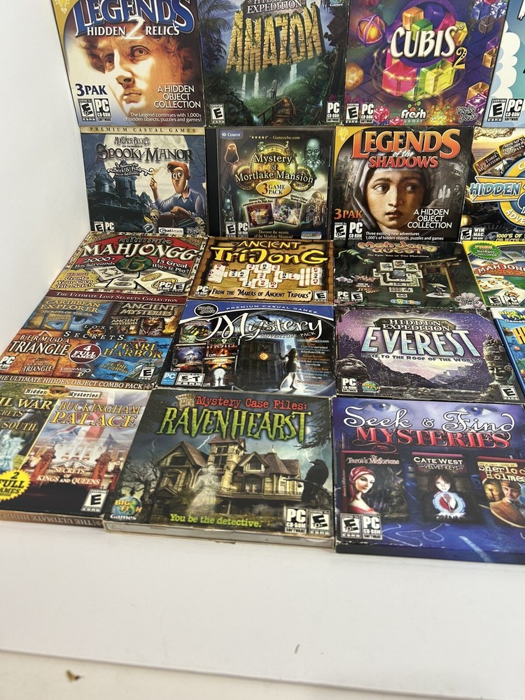 Massive Windows PC CD-ROM DVD Game Lot! 58 Different Games! Gems, Mahjong, Hide