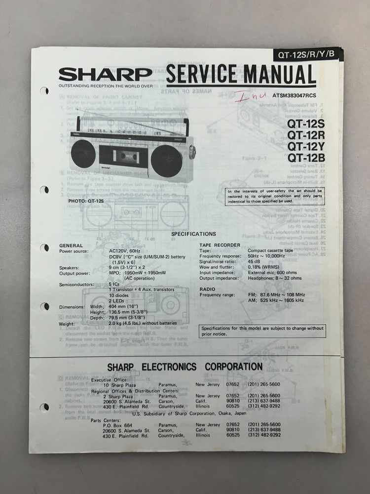 Sharp QT-12 Original Service Manual Free Shipping