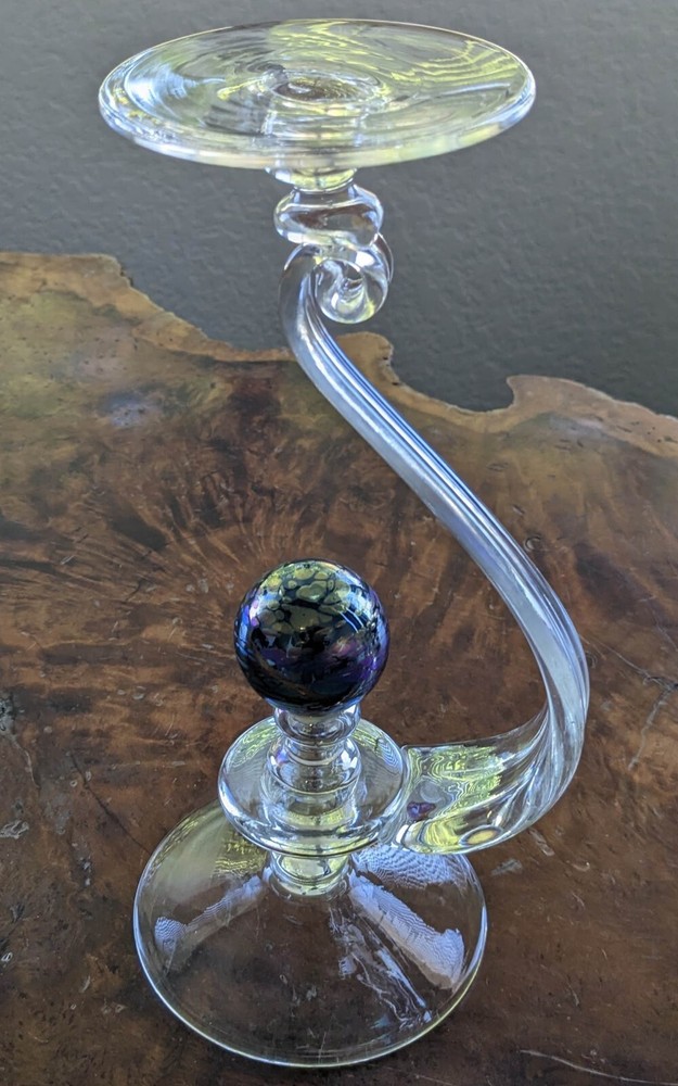 Handblown Clear Glass Candlestick With iridescent Orb 9.5"