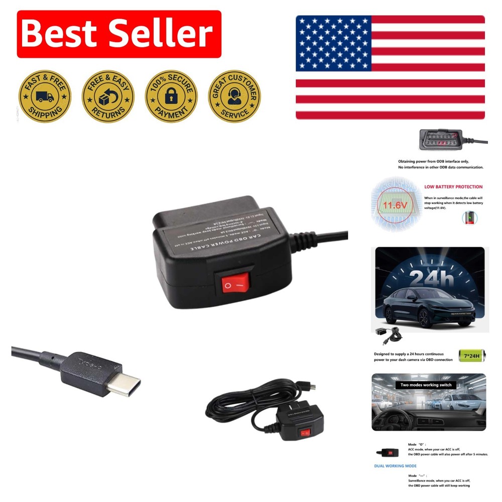 24/7 Dash Camera Power Supply - OBD Type-C Cable with Mode Switch Functionality