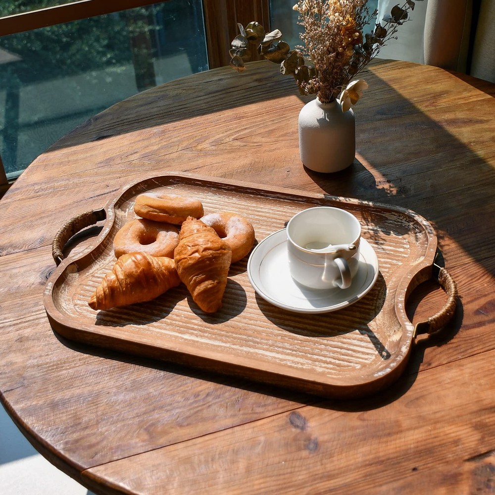 Rustic Wood Serving Tray Set w/ Metal Twine Handles - 2 Stackable Rectangular Tr