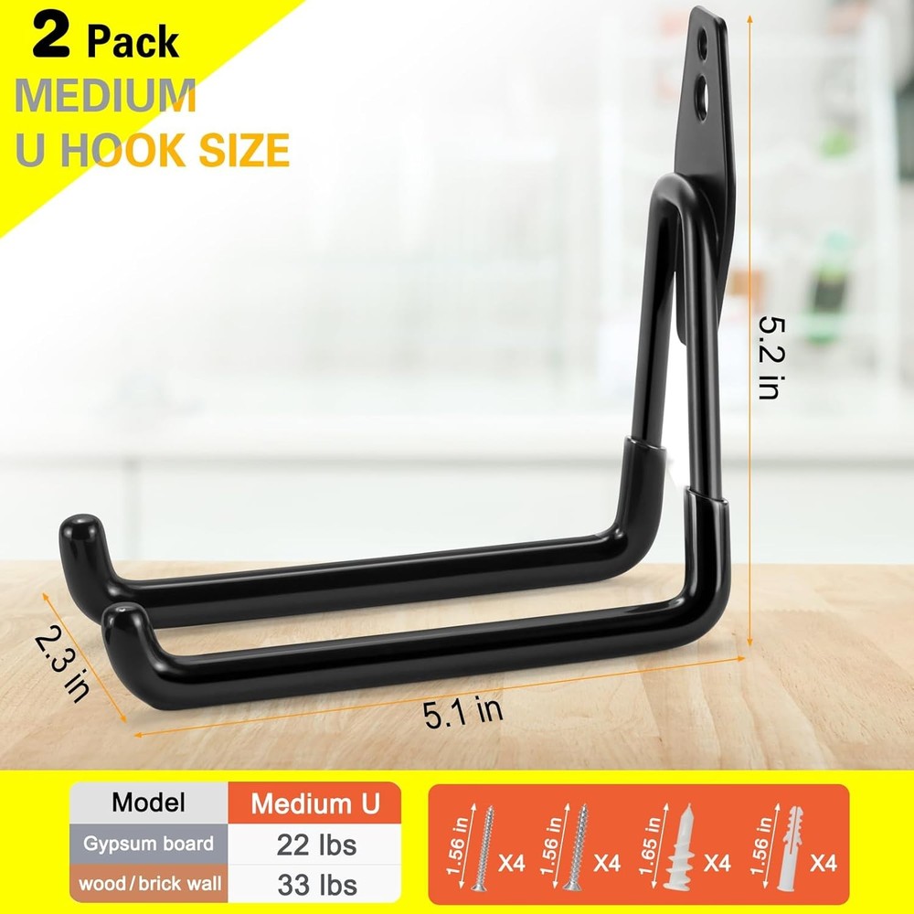 2 Pack Garage Hooks Heavy Duty Storage Organizer Medium U Hook, Black 2 pack