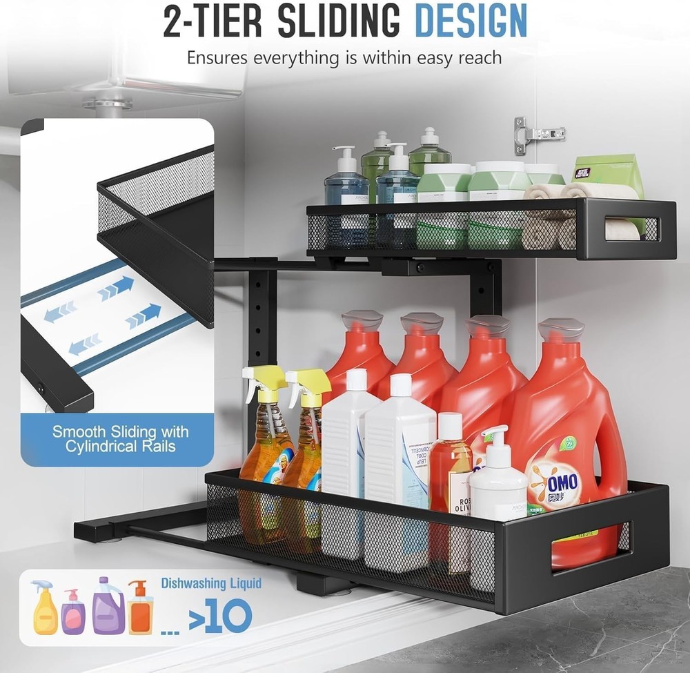 2-Pack Under Sink Storage Organizer Large 2-Tier Elegant Mesh Pull Out Shelf