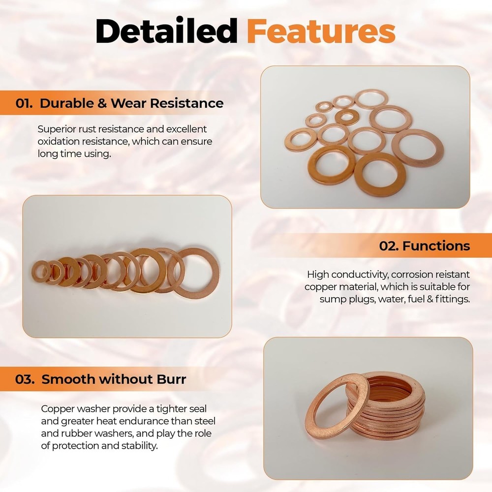 325 PCS Copper Metric Crush Washers Assortment Set – 10 Sizes Available