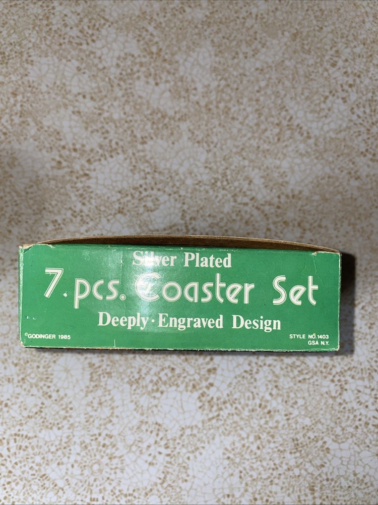 VTG 7 Pc Embossed Silver Plated Coaster Set, With Original Box
