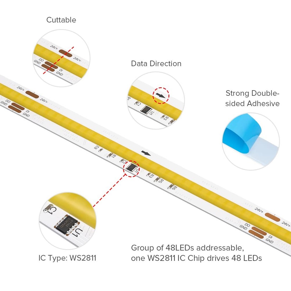 FCOB Addressable WS2811 IC CCT COB LED Strip Flexible High Density Uniform Ch...