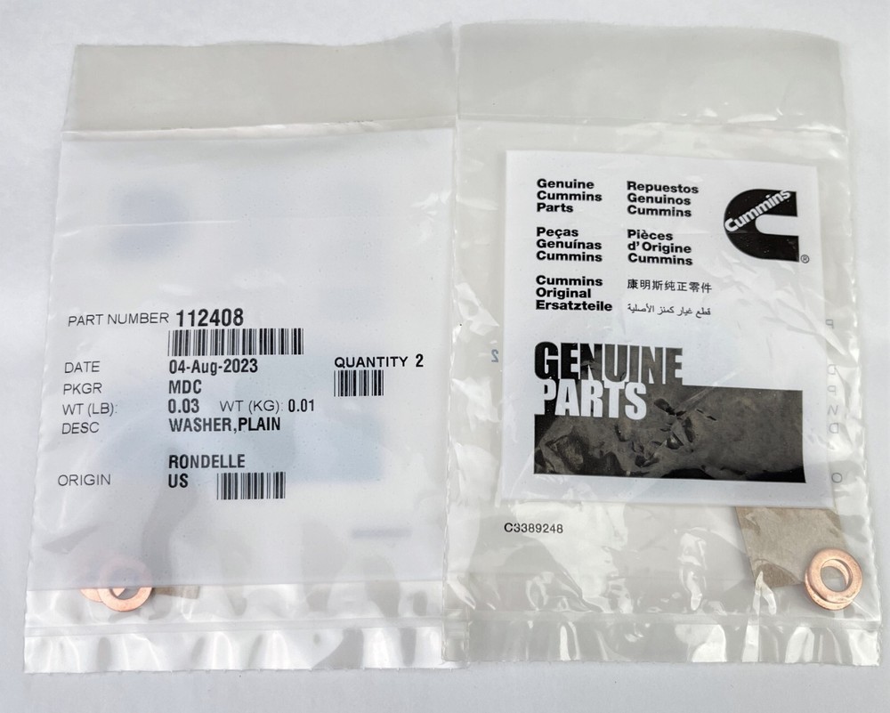 QTY: 4 - Genuine Cummins 112408 Plain Flat Washers 1/4"